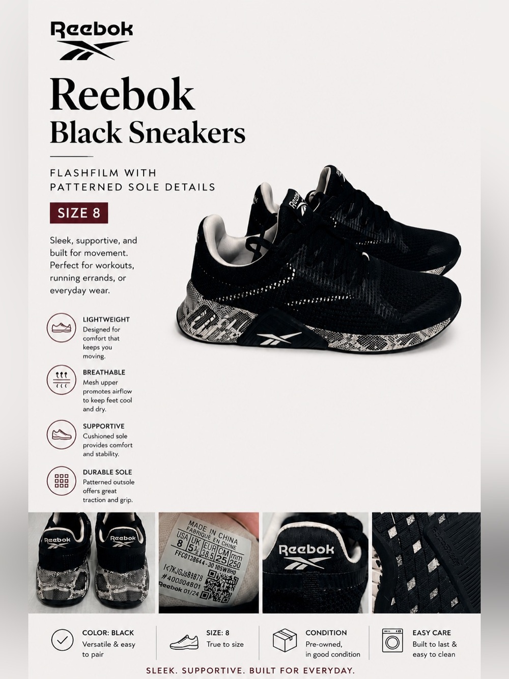 Reebok Black Sneakers Trainers Flashfilm with Patterned Sole details Size 8